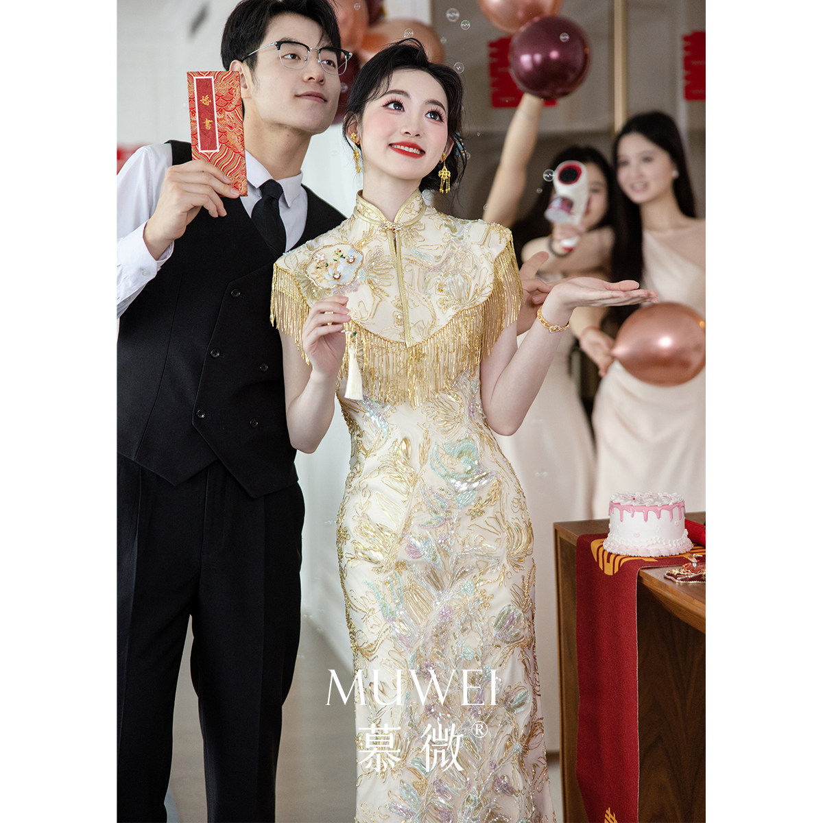 Новый китайский стиль, улучшенное платье для тостов невесты cheongsam, новое платье для помолвки с золотом цвета шампанского, юбка для тяжелой промышленности, высококачественный ретро-стиль