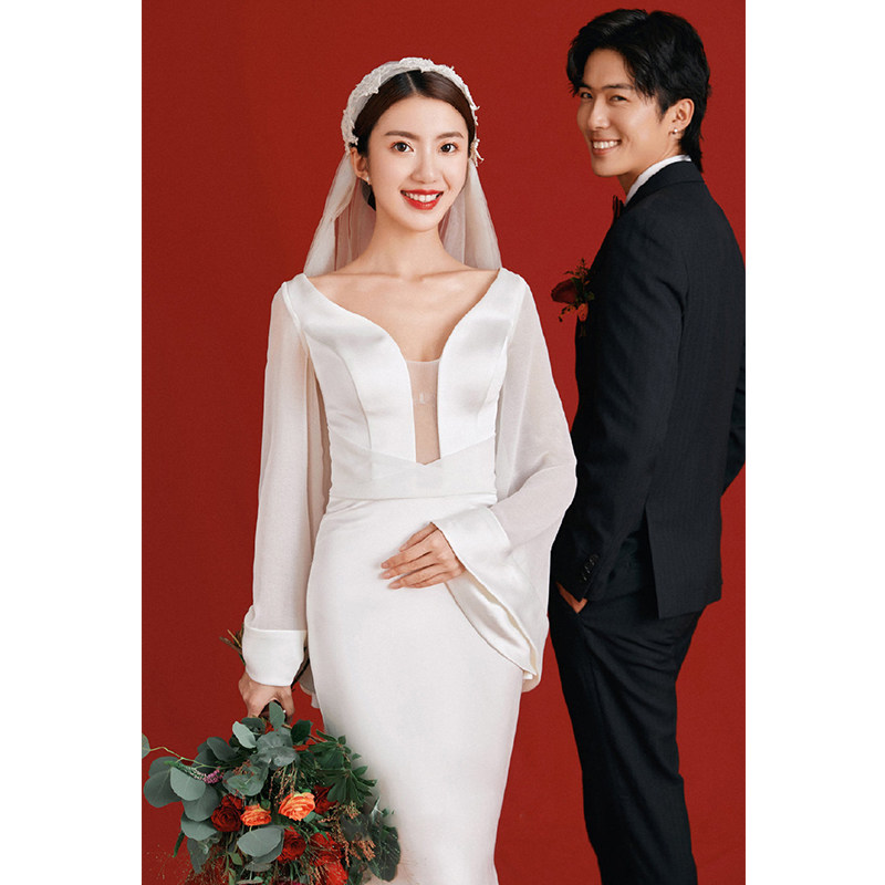 Sexy deep V light wedding dress satin simple light slim fishtail go out gauze net red same style cover arm dress skirt