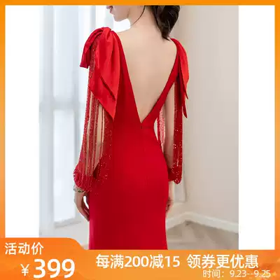 Banquet dress 2021 New Red V collar simple socialite temperament slim fit fishtail engagement dress dress small tailing