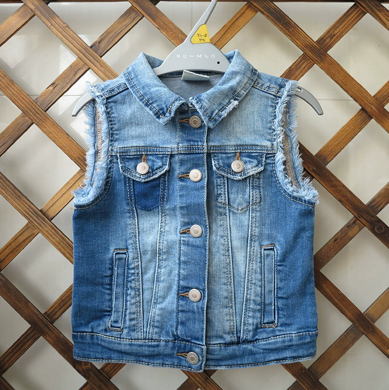 Quần áo trẻ em mùa xuân và mùa thu mới cho nam giới, phụ nữ và trẻ em, áo vest sờn màu xanh denim, áo vest bố mẹ-trẻ em, áo khoác trẻ em lớn - Áo ghi lê