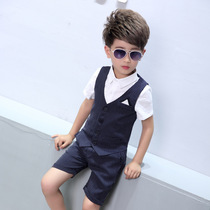 Childrens Suite Boy and Small Summer Short Sleeve Red Fried Street Horse Three Pieces Performance Show Dresses