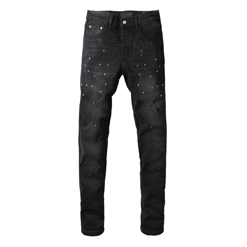 Pur Jeans American High Street Style Rhinestone Embellished Slim Fit Long Pants Tight High Street Ripped Skinny Men's Jeans