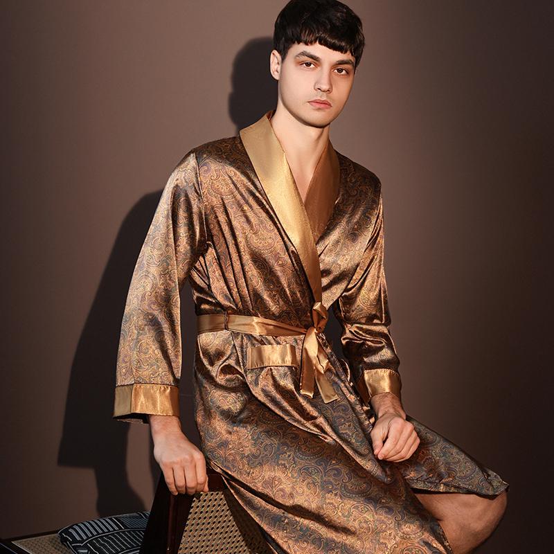 New Men's Silk Nightgown for Spring and Autumn, Mid-Length, High-End Ice Silk Dressing Gown, Bathrobe for Summer