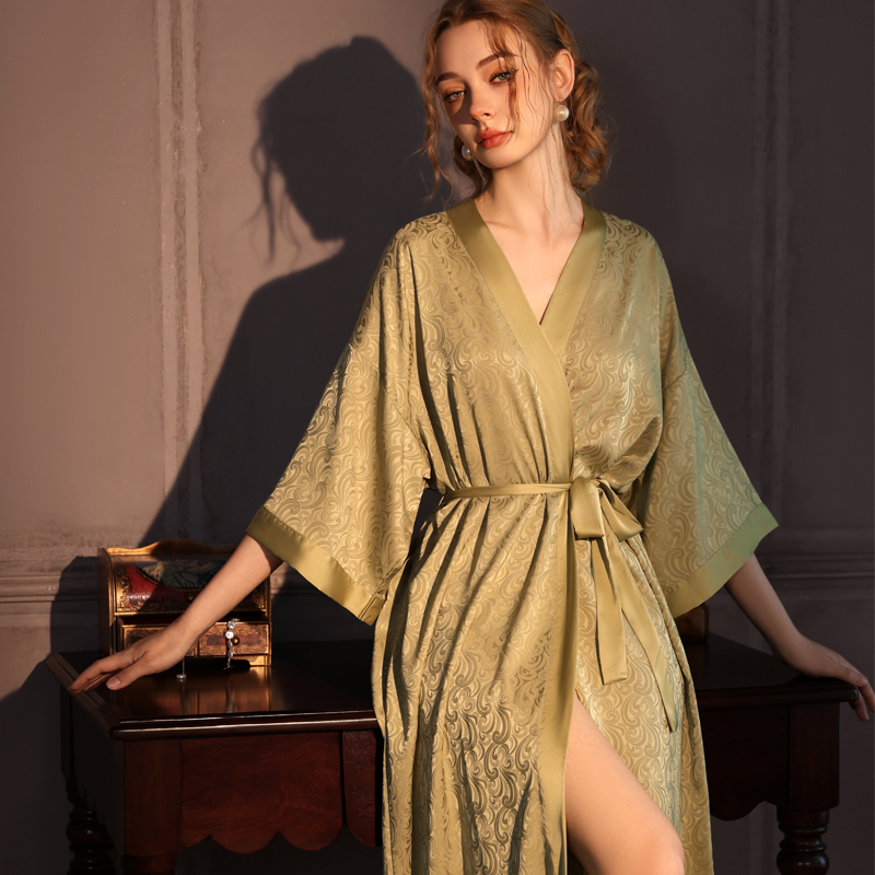 High-End Jacquard Pajamas for Women, Spring and Summer Ice Silk Nightgown, Sexy Satin Bathrobe, Silk Robe, Spring and Autumn Home Wear
