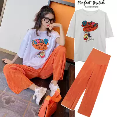 Pregnant women's summer clothes set outside wear Fashion Net red pregnant women's summer thin spring and autumn tide Hot Mom personality summer clothes