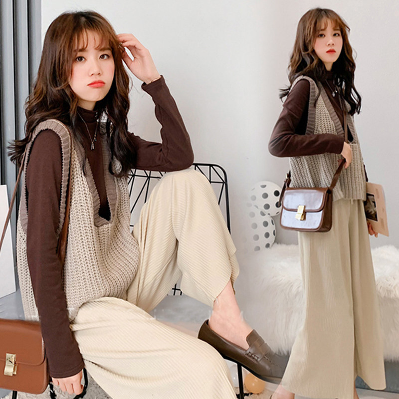 Pregnant women's autumn suit foreign style fashion high quality thin net red sweater vest autumn and winter two-piece set