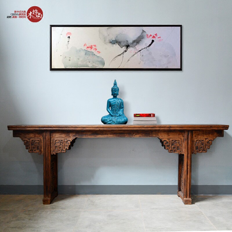 The old elm wood strip case retro to do the old carved flower Buddha case Xuanguan article High-end bully and old objects bar desk case