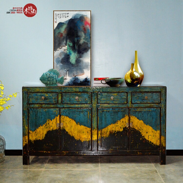 Environmentally friendly bright lacquer color lacquer craftsmanship 4 drawers 4 doors dining cabinets Mediterranean New Chinese blend for old solid wood edge Xuan closing cabinet
