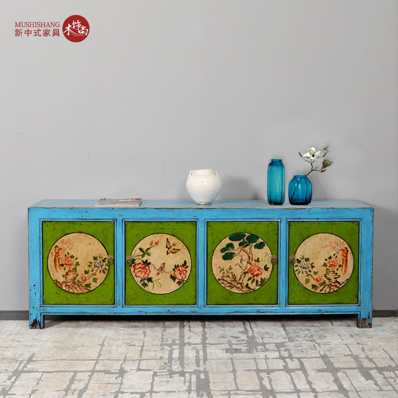 Hand painted flower bird solid wood TV cabinet New Chinese vintage furniture to be used in the old Guest Hall Ground Cupboard cabinet Decorative Side Cabinet