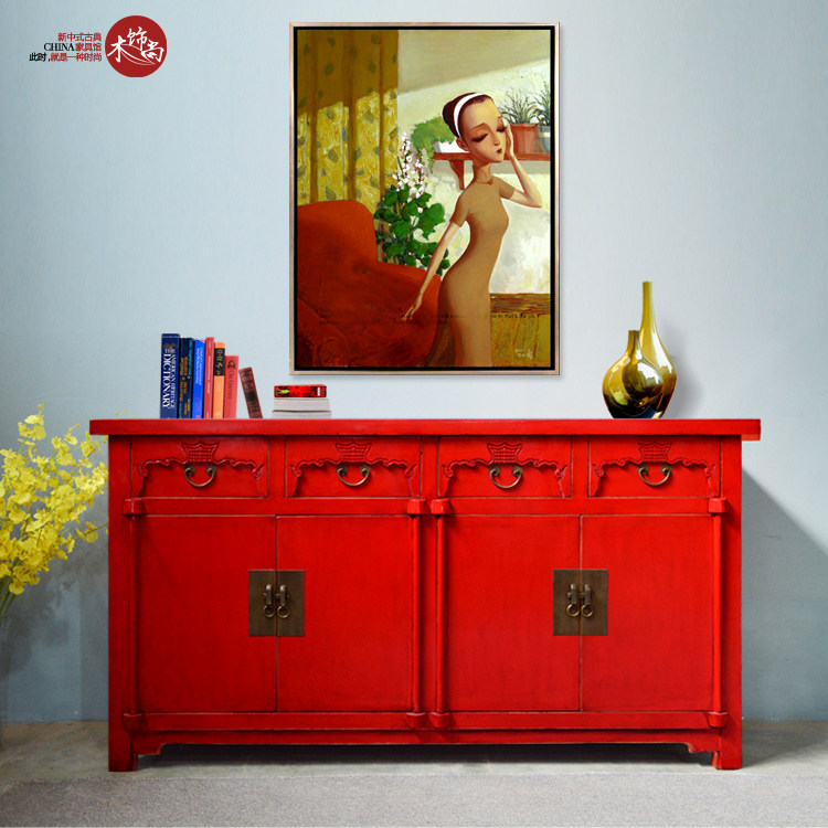 New Chinese style 4 drawers 4 doors retro ancient carved red dining cabinet Xuanguan containing cabinet living-room cubicle with solid wood furniture