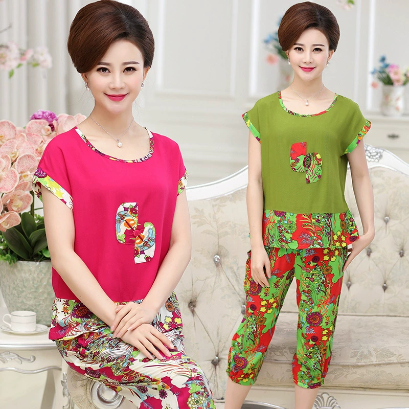 Áo thun nữ cộng với size cotton phù hợp với quần ngắn tay mùa hè, áo lụa cotton ngoài trung tính cho mẹ hai mảnh - Phụ nữ cao cấp