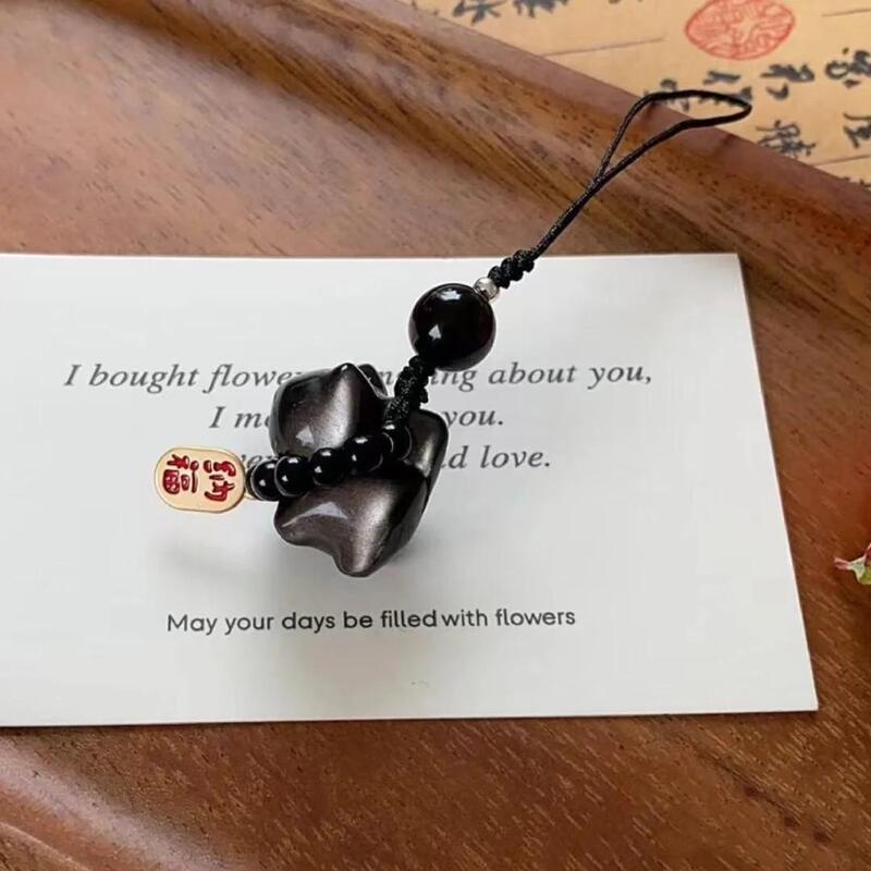 Natural Silver Obsidian Cat Phone Charm, Good Luck and Wealth, Cute Crystal Bag Keychain, Pendant Necklace