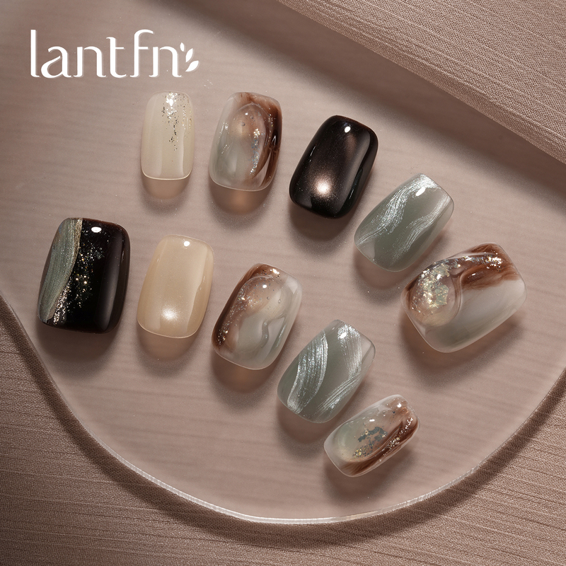 Ltf Original [Twilight Floating Gold] Handmade Wearable Nails Medium Length 2026 Gray Green Brown Gradient Cat Eye Nail Art