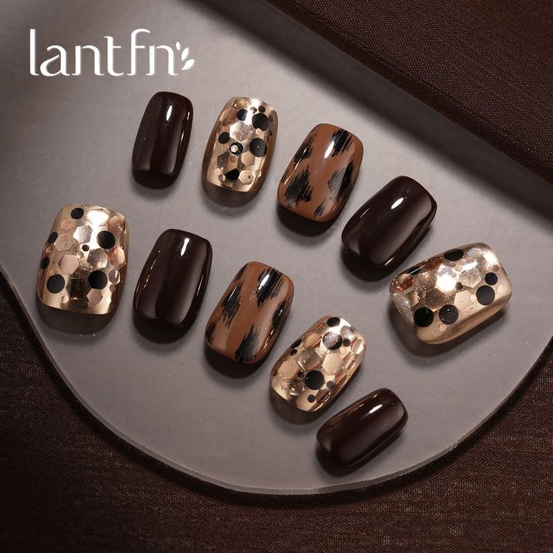 Ltf Original [Tan Ye] Handmade Wearable Nails Medium Length 2026 American Leopard Print Black Gold Glitter Nail Art