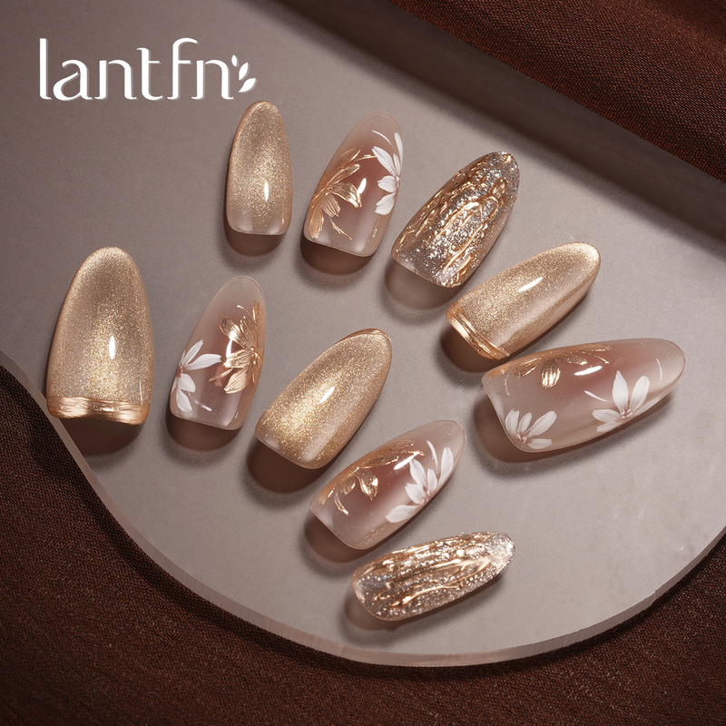 Ltf Original [Japanese Style Flower Shadow] Purely Handmade Wearable Nails 2026 New High-End Golden Cat Eye Nail Art Stickers