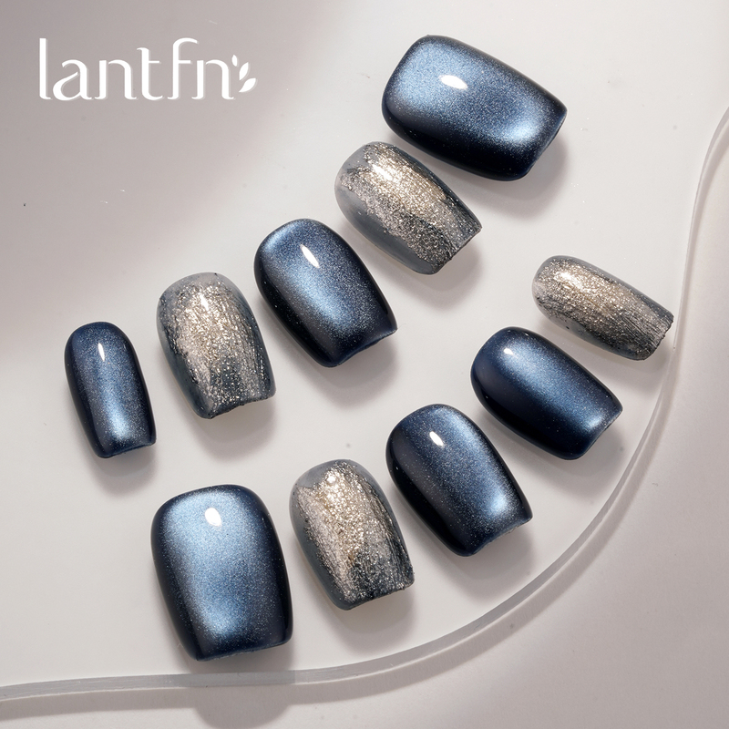 Ltf Original [Deep Sea Pearl] Handmade Wearable Nails Short Style 2026 Summer Blues ins Wind Cat Eye Manicure