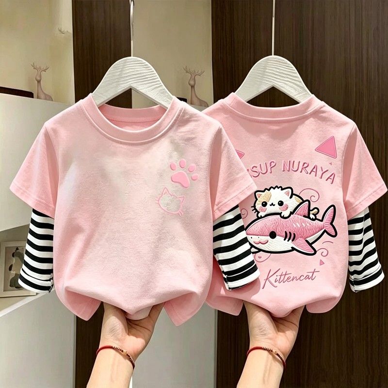 Pure Cotton Striped T-Shirt Base Layer for Toddlers, Long-Sleeve New Spring and Autumn Children's Clothing, Stylish Baby Girls' Faux Two-Piece