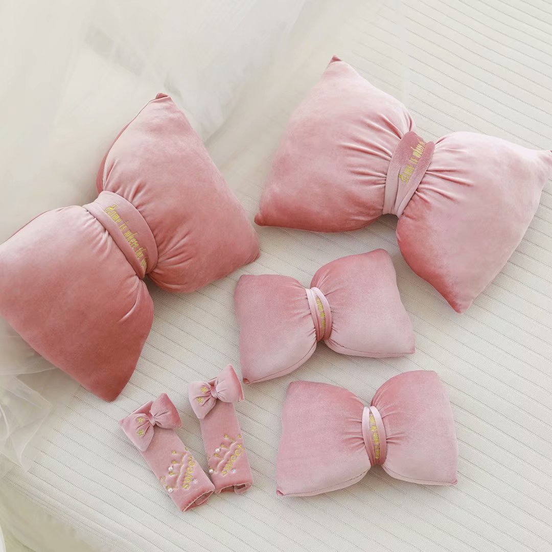 Solid color bow car pillow neck pillow women's car seat pillow car cute pair of creative pillows