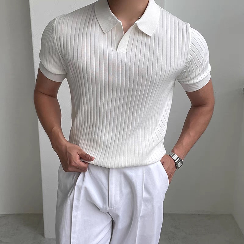 European Style V-Neck Cross-Over Ice Oxygen Cotton Polo Shirt for Men, Tight-Fitting Elastic Short-Sleeve Sweatshirt, Collared T-Shirt, Cool Silk Thread Shirt European Style V-Neck Cross-Over Ice Oxygen Cotton Polo Shirt for Men, Tight-Fitting Elastic Short-Sleeve Sweatshirt, Collared T-Shirt, Cool Silk Thread Shirt