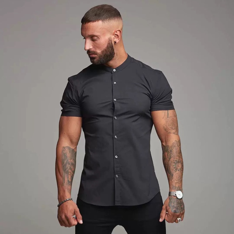 Sports Muscle Men's Shirt, Fitness Ice Silk Four-Way Stretch Short-Sleeved Inner Wear, No-Iron, Non-See-Through Stand-Up Collar Shirt, Casual Workwear