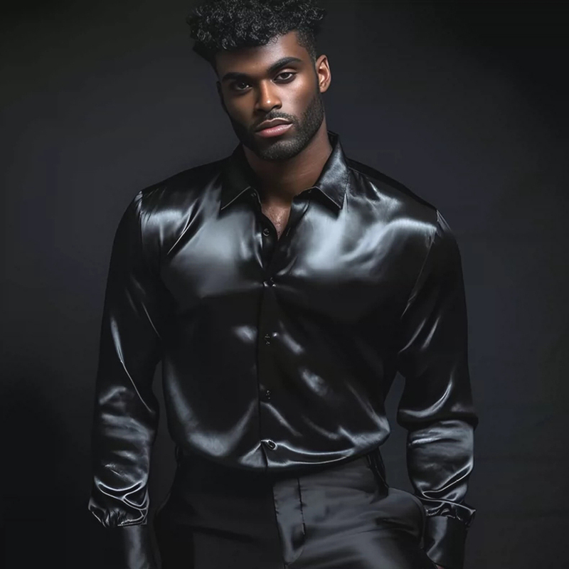Reflective Glossy Shirt Performance Clothing Men's Satin Silk Long-Sleeved Shirt White Black Silver High-End Nightclub Singer