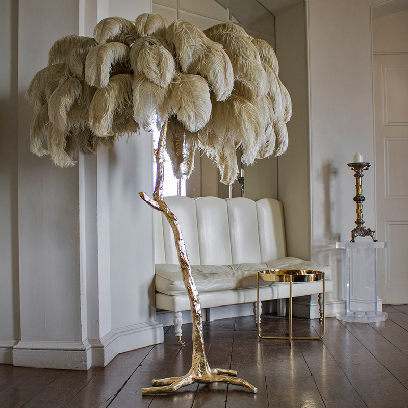 American-Style Luxury All-Copper Feather Floor Lamp, Trendy Bedroom Bedside Lamp, Princess Living Room Branch Lamp, Table Lamp