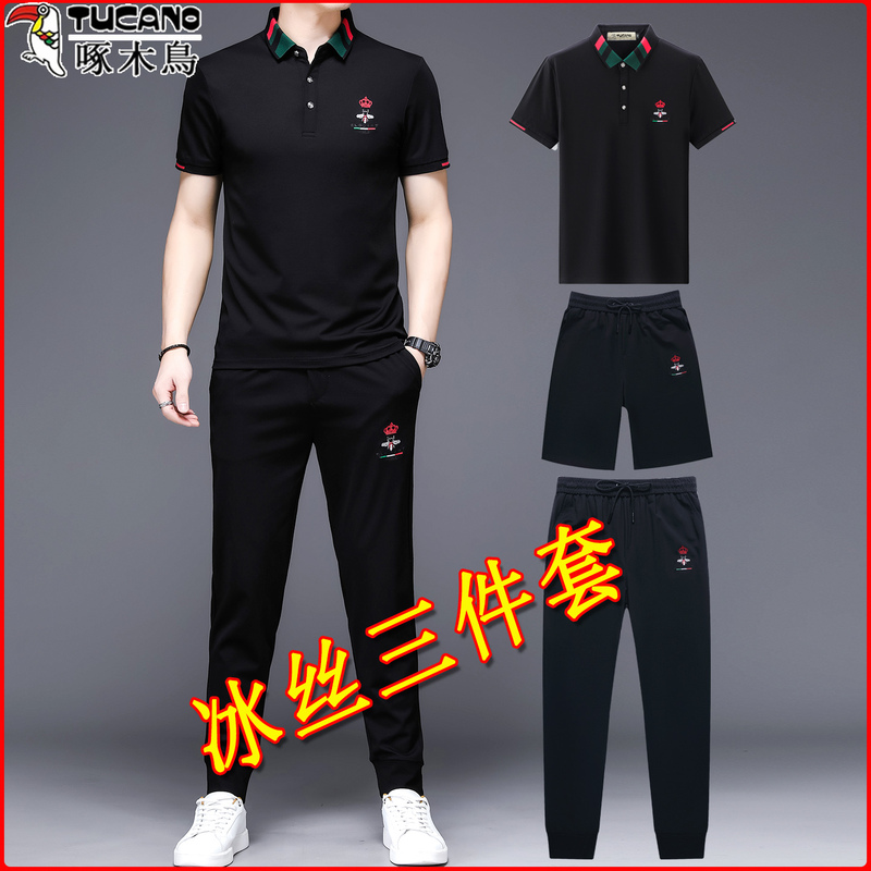 Woodpecker Casual Sports Suit for Men, Summer Polo Shirt, Short-Sleeved T-Shirt, Lapel, High-End Embroidery, Ice Silk Three-Piece Set t
