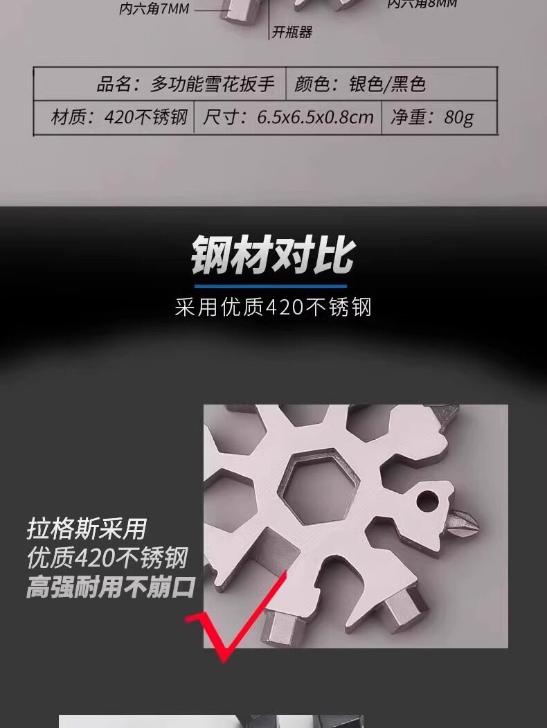 Гаечный ключ 多功能雪花扳手钥匙扣便携式内六角高碳钢八角迷你扳手工具通用 No brand