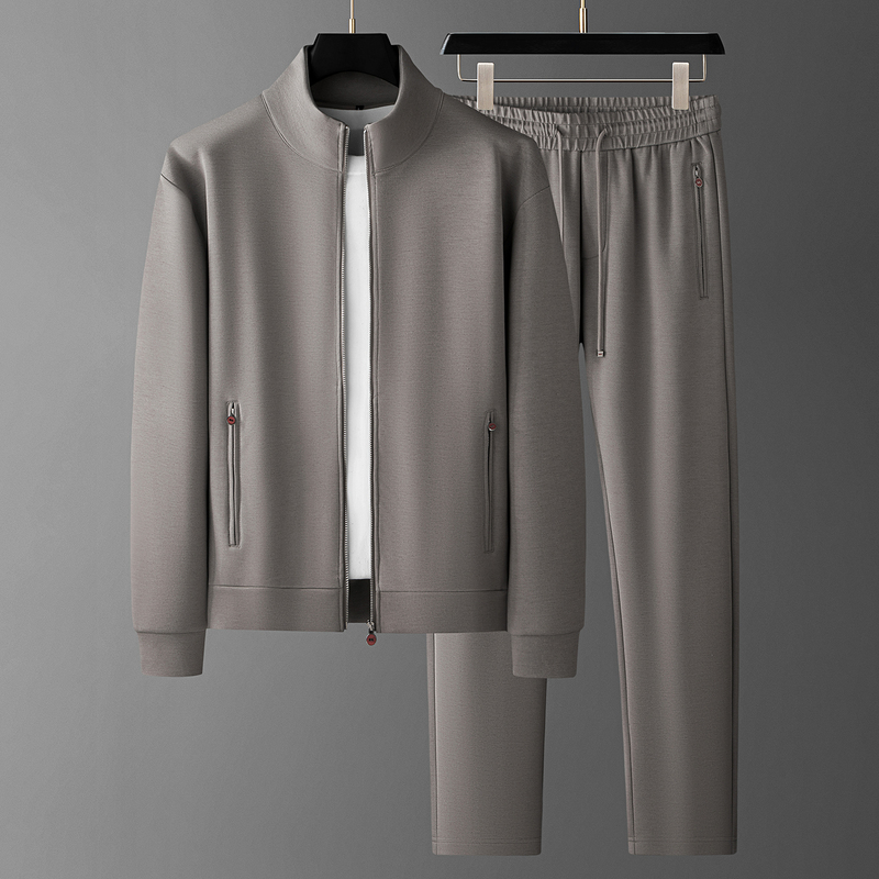 Autumn and Winter Light Luxury Simple High-End Tencel Wool Two-Piece Set Men's Cardigan Stand Collar Jacket Casual Sports Suit