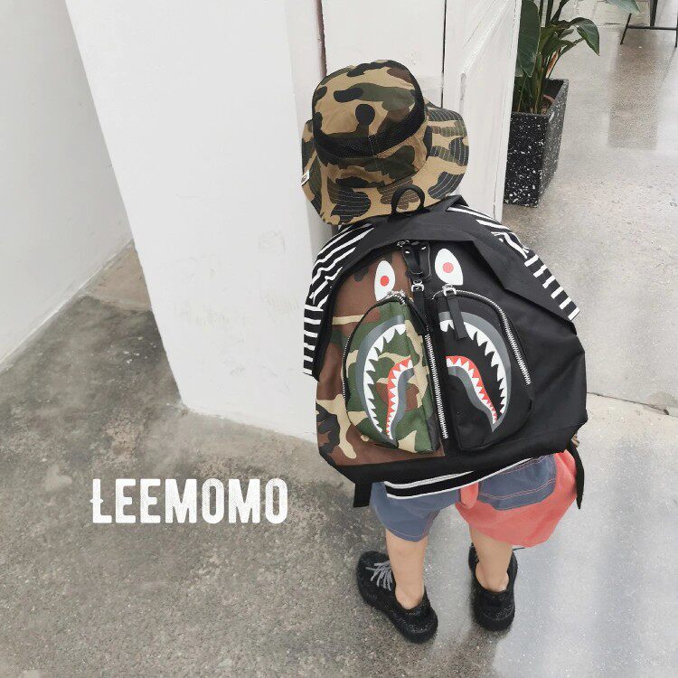 MOMO homemade new super cool tide brand boy shark shoulder Oxford rainproof backpack kindergarten schoolbag travel bag