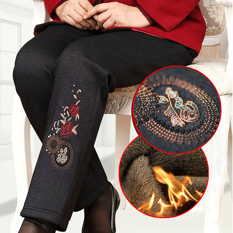 Middle Aged Seniors Plus Suede Thickened Autumn Winter Dress Cotton Pants Women Seniors Granny Dress Tightness Waist Warm Pants Big Size Mama Clothing