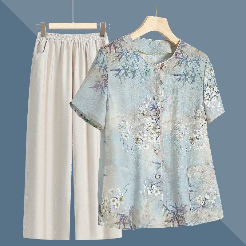 Middle-Aged and Elderly Shirts, Summer Tops, Women's Short-Sleeved Two-Piece Suits, Mom's Summer Thin Women's Clothes