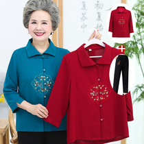 Middle-aged and elderly summer womens chiffon top sleeve mother shirt old lady clothes old Tang suit grandmother shirt