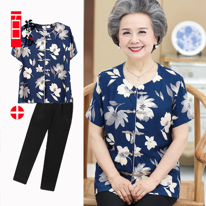 Grandma dress in summer clothing suit aged woman short sleeve old lady clothes 60 years 70 Mom clothes cotton silk two sets
