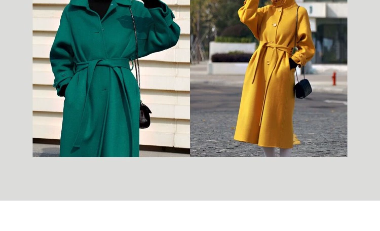 Mùa thu đông 2018 mới áo khoác cashmere nữ dài với áo khoác len hai mặt phiên bản Hàn Quốc của áo gió Hepburn màu vàng nhạt - Accentuated eo áo