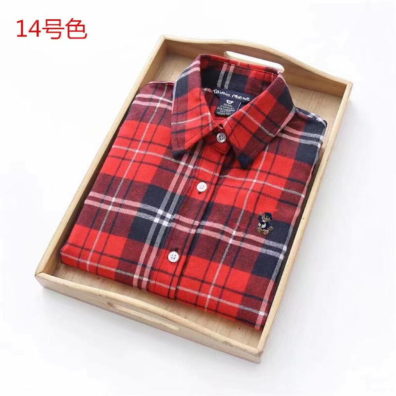 Red Brushed Plaid Shirt for Women, Long-Sleeved, Petite Student Style, Pure Cotton, Preppy Style, Spring and Autumn Shirt, Flannel Top