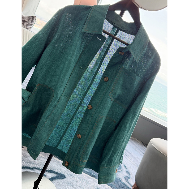 Ttt Happy Nest LAOSHU Models~ Peacock Turquoise Emerald Green Special Imported Linen Coat