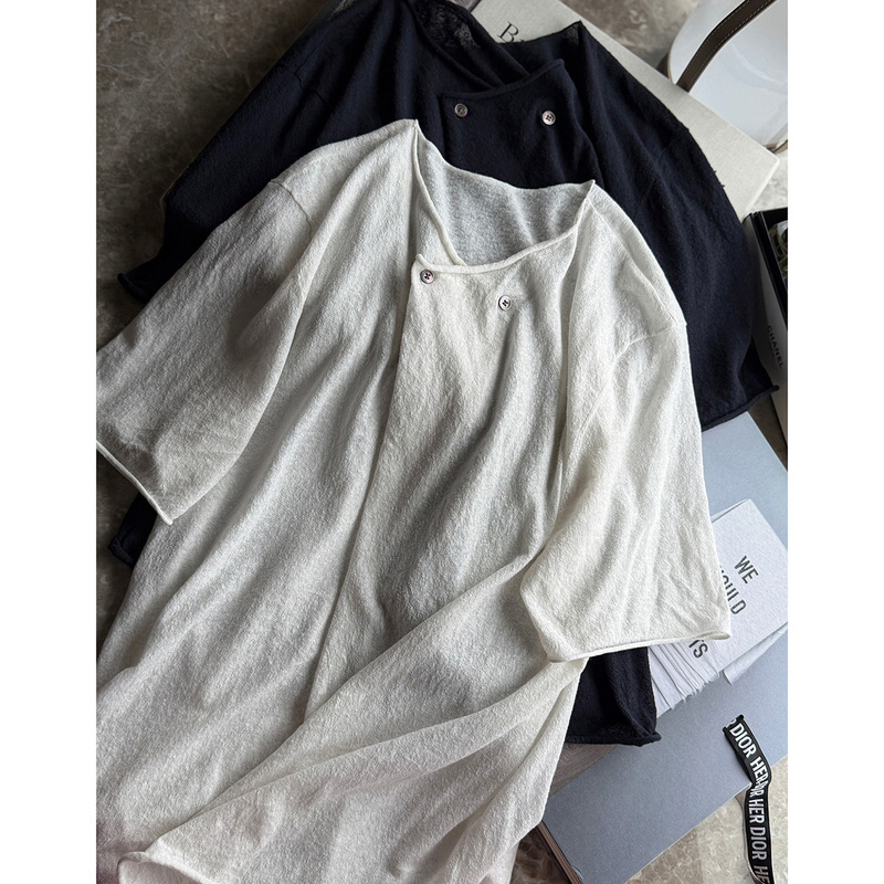 Ttt Happy Nest Self-Made Model~ Hao Duan Brand Yarn Ultra-Thin Fine Linen Cotton Cross-Buckle Knit Sweater