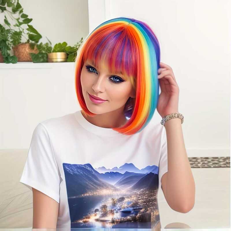 Prom and Film Colorful Wig Bob Bob Haircut Halloween Wig European and American Cos Wig with Bangs Synthetic Fiber Wig Prom and Film Colorful Wig Bob Bob Haircut Halloween Wig European and American Cos Wig with Bangs Synthetic Fiber Wig