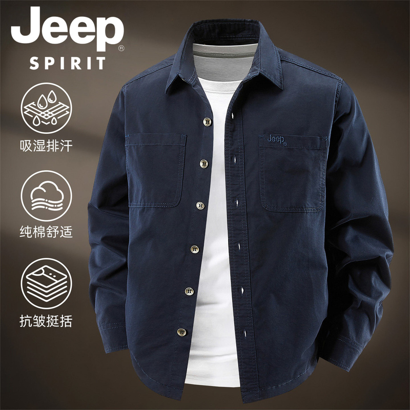 Jeep Spirit Pure Cotton Long-Sleeved Shirt Men's Spring & Fall Lapel Workwear American Casual Loose Shirt Jacket
