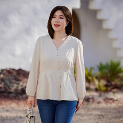 Xianlixiu plus size women's clothes 2024 spring new French elegant waist slimming textured V-neck shirt QI4329