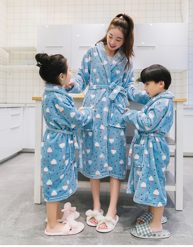 Gegemi mùa xuân và mùa thu và mùa đông phim hoạt hình trẻ em người lớn cha mẹ-trẻ em mặc đồ ngủ flannel áo choàng dày ấm áo choàng đôi