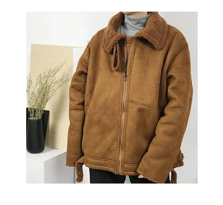 Hàn Quốc Dongdaemun mùa đông đứng cổ áo nhung hươu lông cừu ulzzang nam và nữ phần ngắn xe máy áo khoác thủy triều áo khoác nam kaki