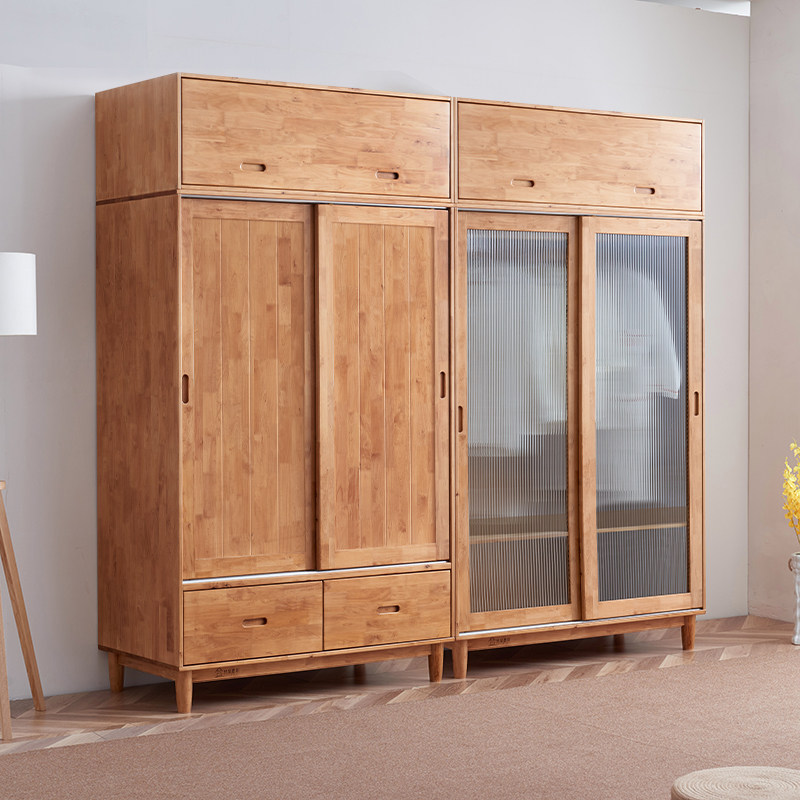Japanese-style solid wood wardrobe birch Nordic sliding door small apartment Changhong glass door bedroom storage storage wardrobe