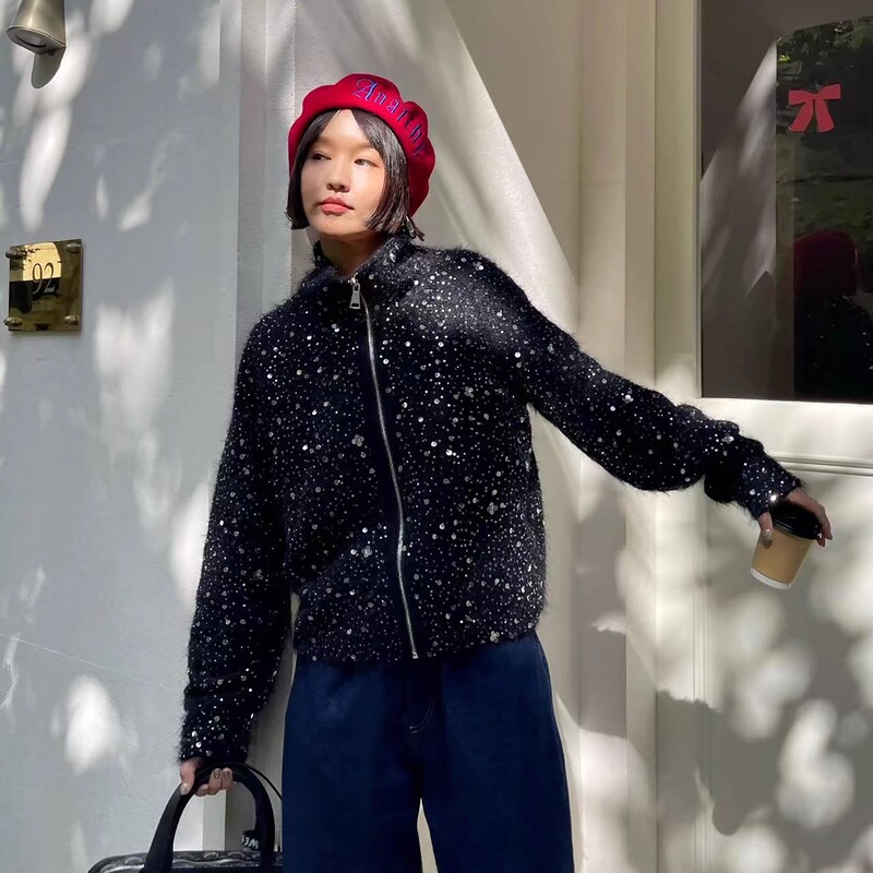 Psychedelic Rococo Heavy Beading and Sequins Black Cardigan Classic Versatile Slimming High-End Knitted Sweater Top