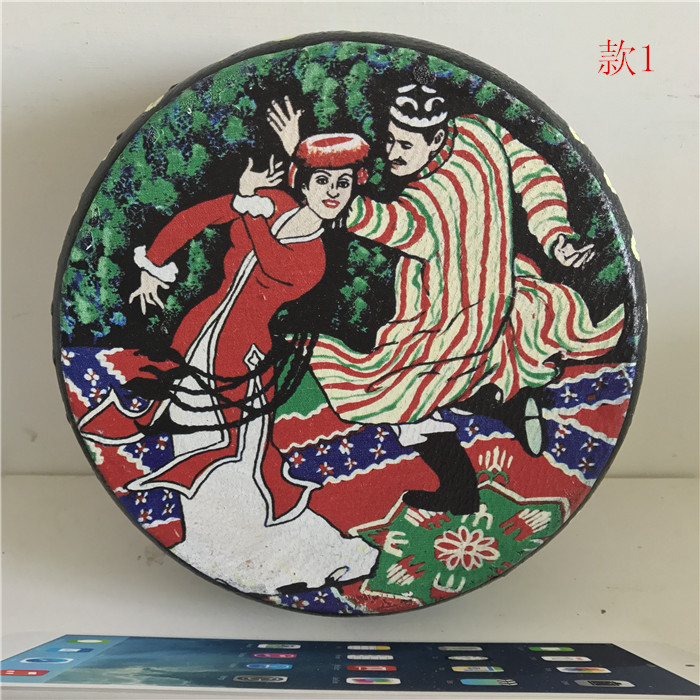 Xinjiang Uygur Artisanal Folk Musical Instrument Hands Drum Bull Leather Colored Drawing Stage Performance Props Decoration Drum 6 Sizes