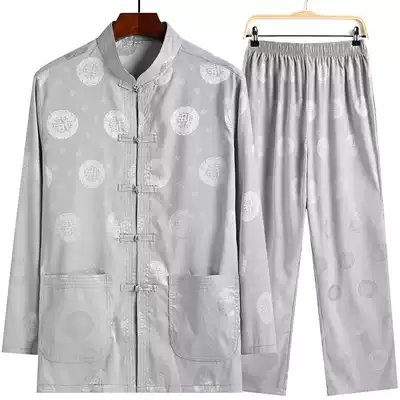 Grandpa spring autumn Tang suit men long sleeve suit middle-aged and elderly two-piece clothing father thin long sleeve shirt men