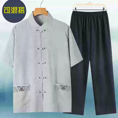 Cotton linen Tang suit male middle-aged and elderly short sleeve suit father summer grandfather clothes male 60-70 Chinese style Hanfu