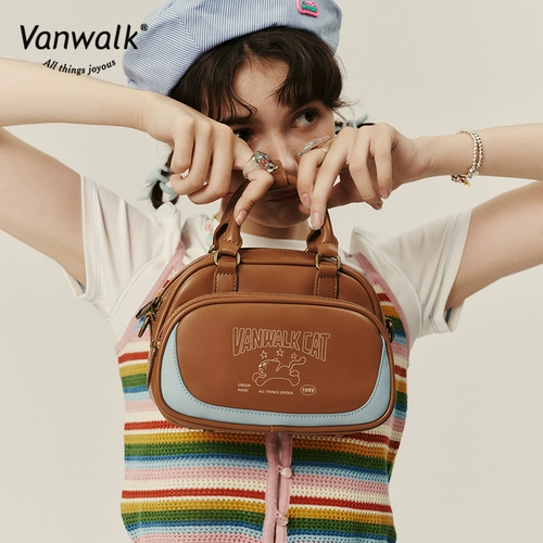 Vanwalk Lazy Cat Self -сделайте ретро -девчонку колледж милая маленькая рука -голая сумка Бостон Сумка