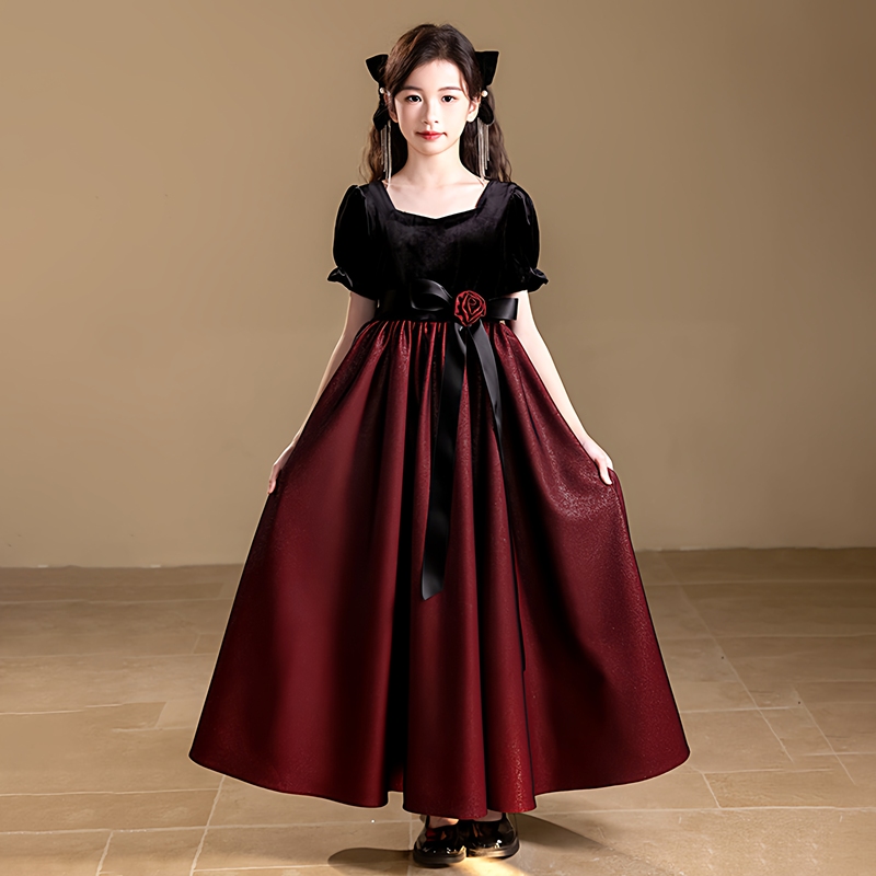 Girls' Plus-Size Formal Dress, Black Long-Sleeve Dress for Chubby Girls, Birthday Princess Dress, Hostess Piano Performance Outfit